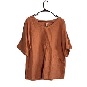 Kleën Lagenlook Casual Brown Linen Top Oversized W/ Pockets Tunic Shirt Size S